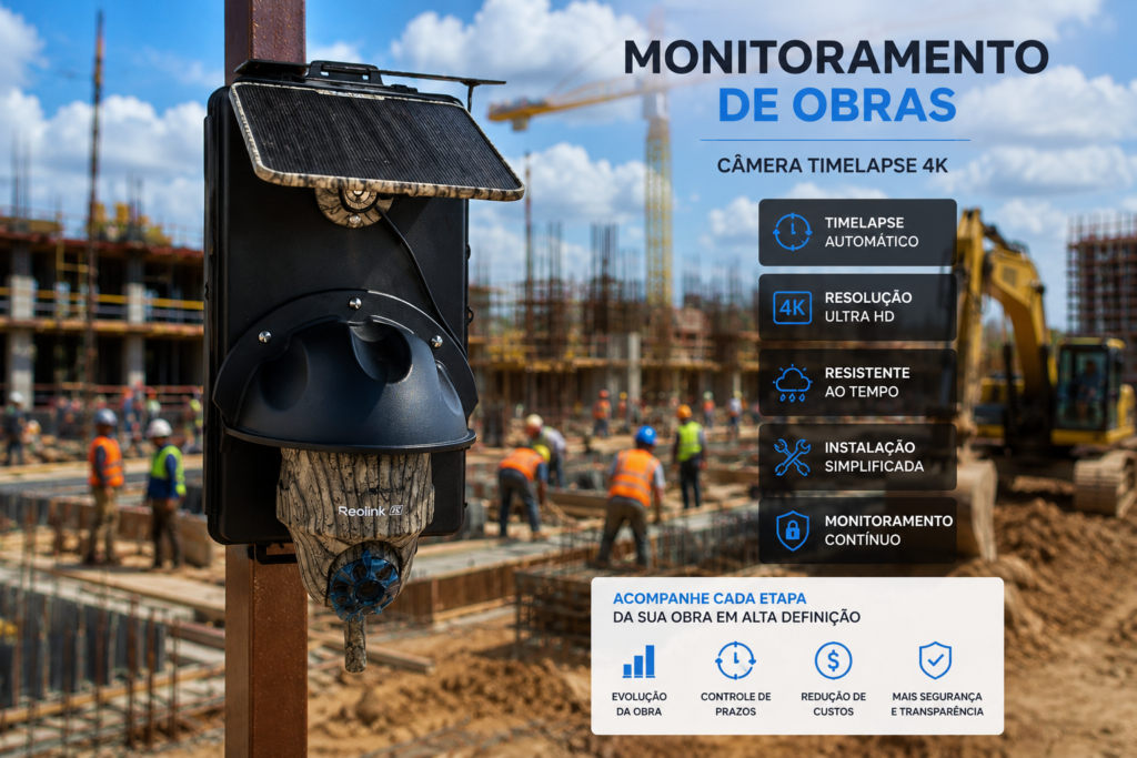 Câmera de timelapse 4K instalada em obra para monitoramento contínuo da construção
