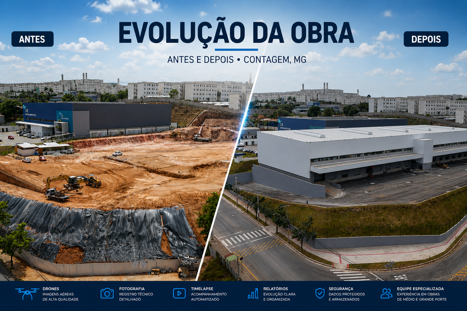 Produção audiovisual para construção civil em São Paulo: evolução de obra antes e depois em Contagem, MG